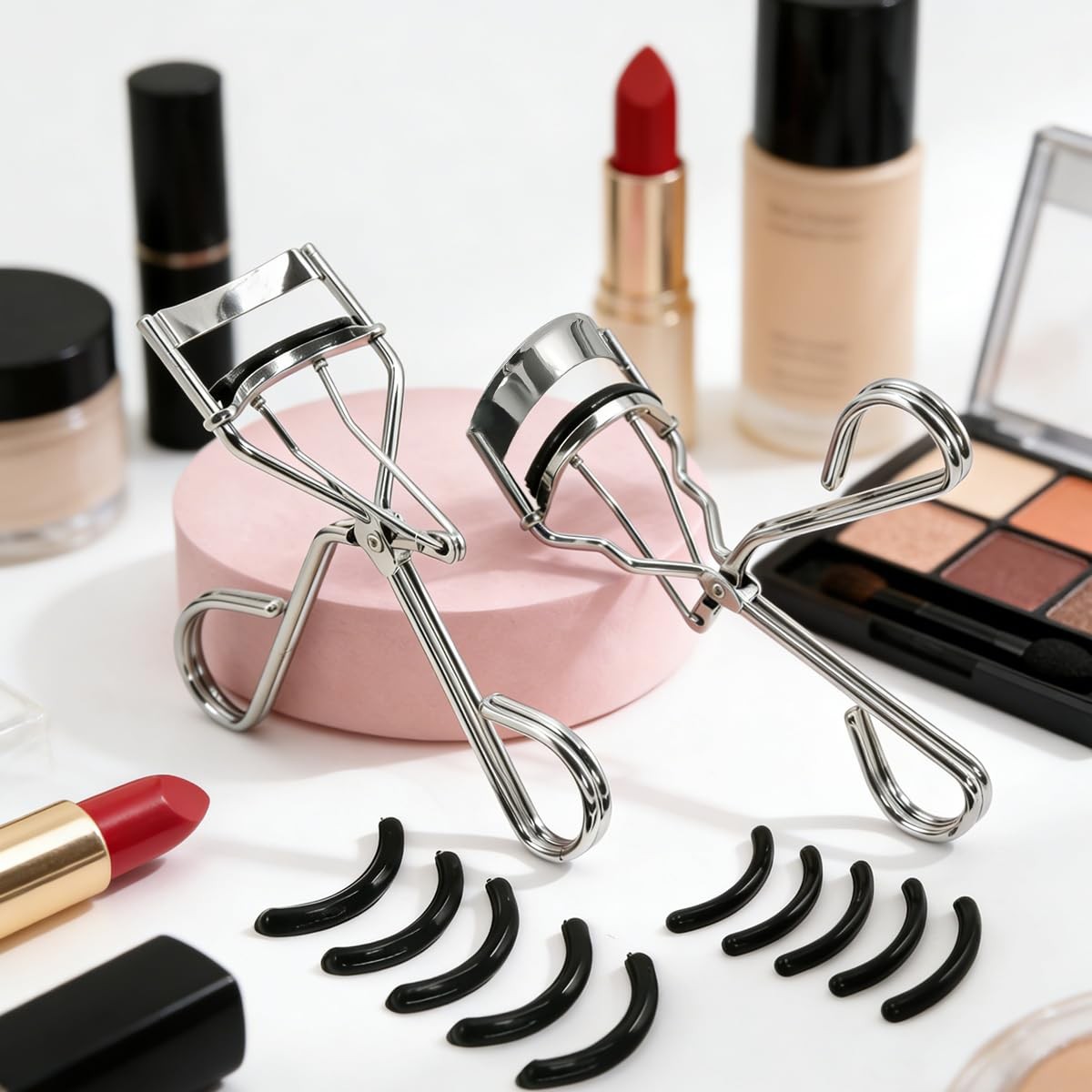 Dual-Curvature Eyelash Curlers with Silicone Refills Set - Silver