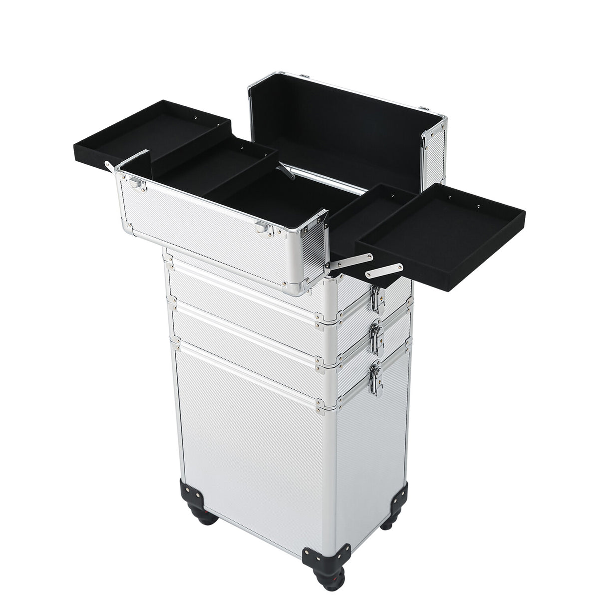 4-in-1 Aluminum Rolling Makeup Case with Draw-Bar Interchangeable Compartments