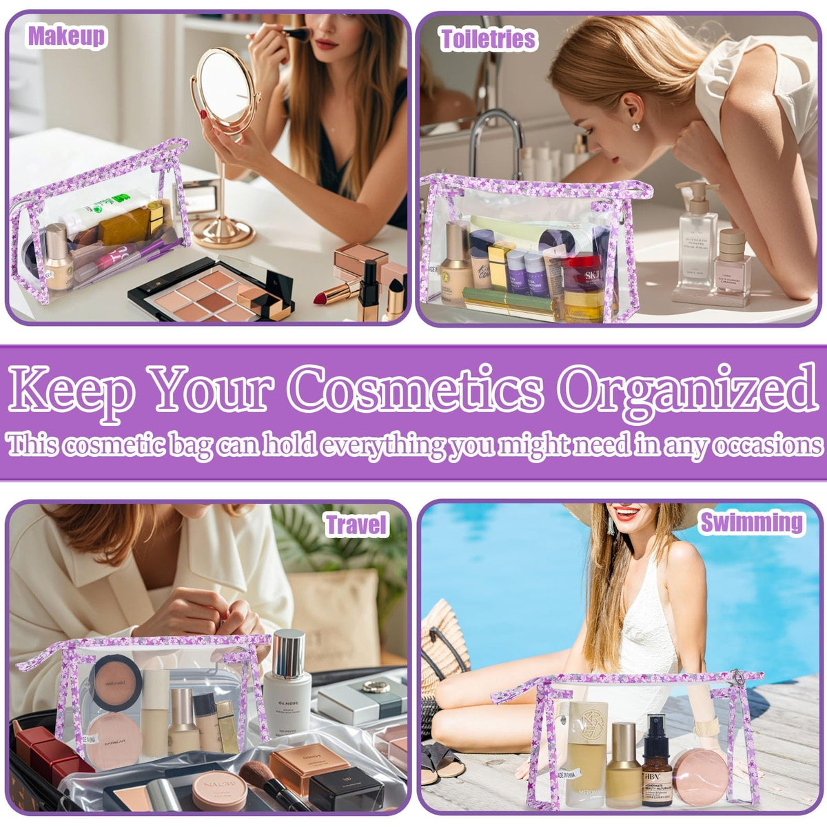 12 Pack Clear PVC Makeup Bags Waterproof Travel Cosmetic Organizer