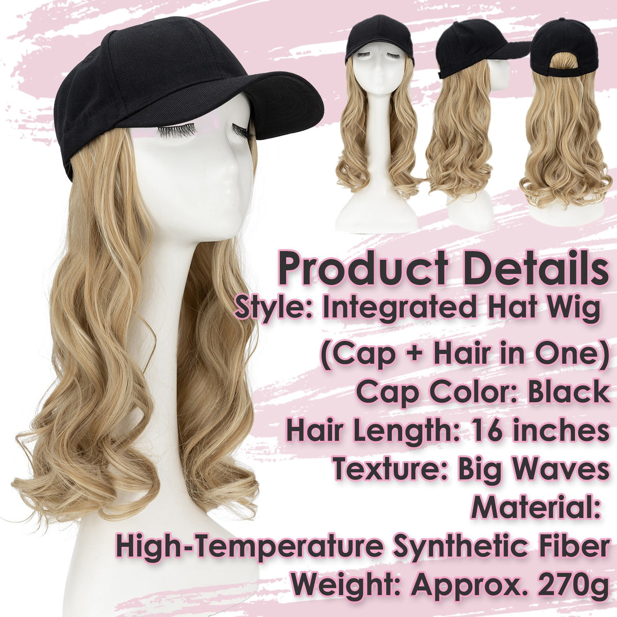 Women Baseball Cap Hat with Wavy Synthetic Hair Wig - Natural, Ombre