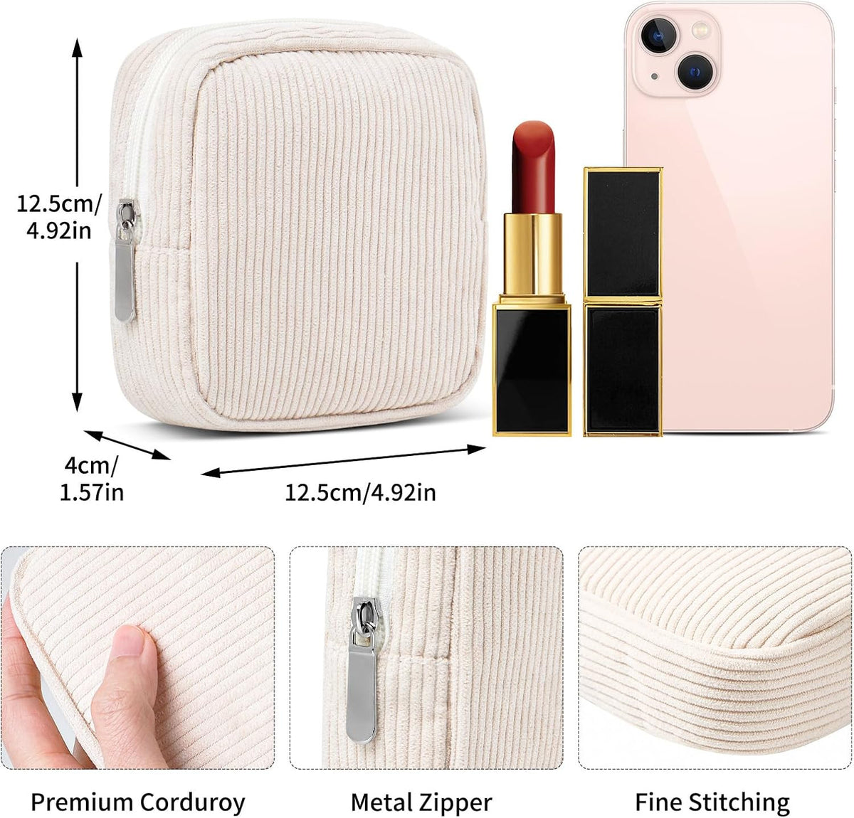 Mini Travel Makeup Bag with Metal Zipper & Inner Pocket - Corduroy Cosmetic Pouch