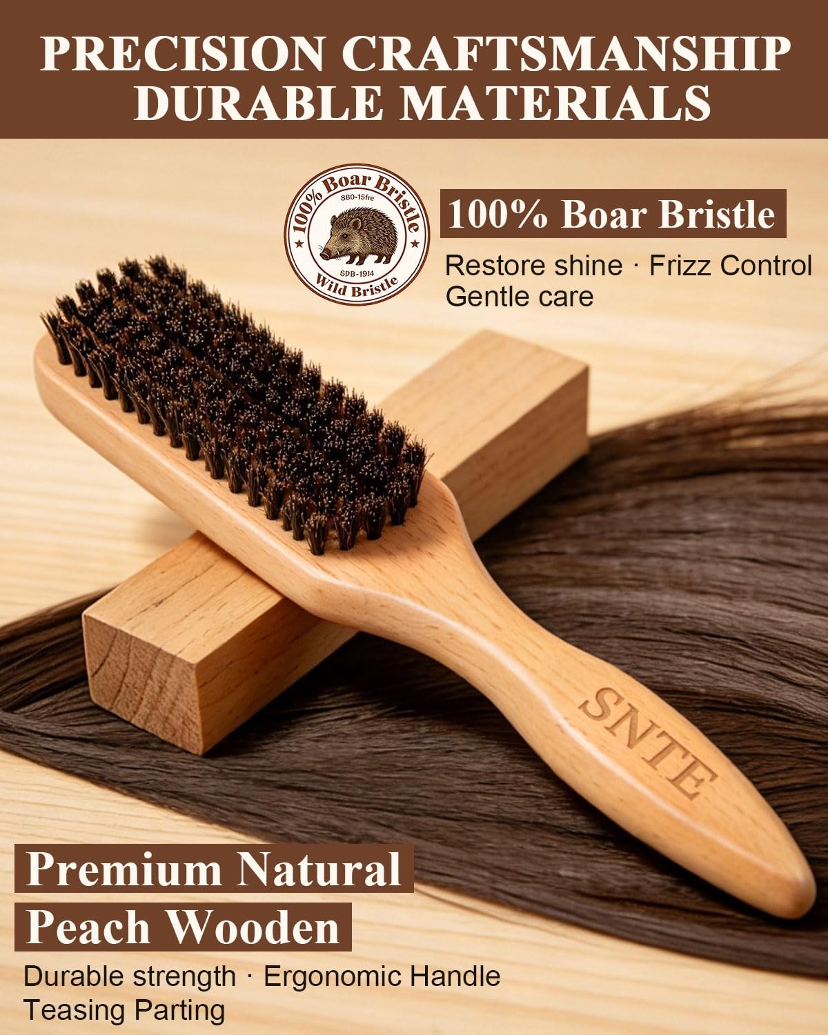 Boar Bristle Hair Brush for Slick Back Styling - Natural Shine & Flyaway Control