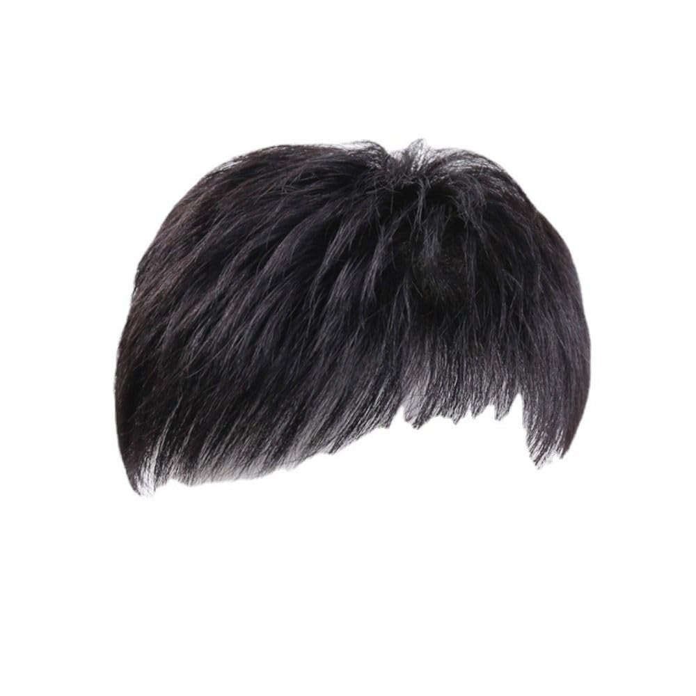Men's Short Black Clip-On Wig with Bangs - Natural Hairpiece for Thinning Hair