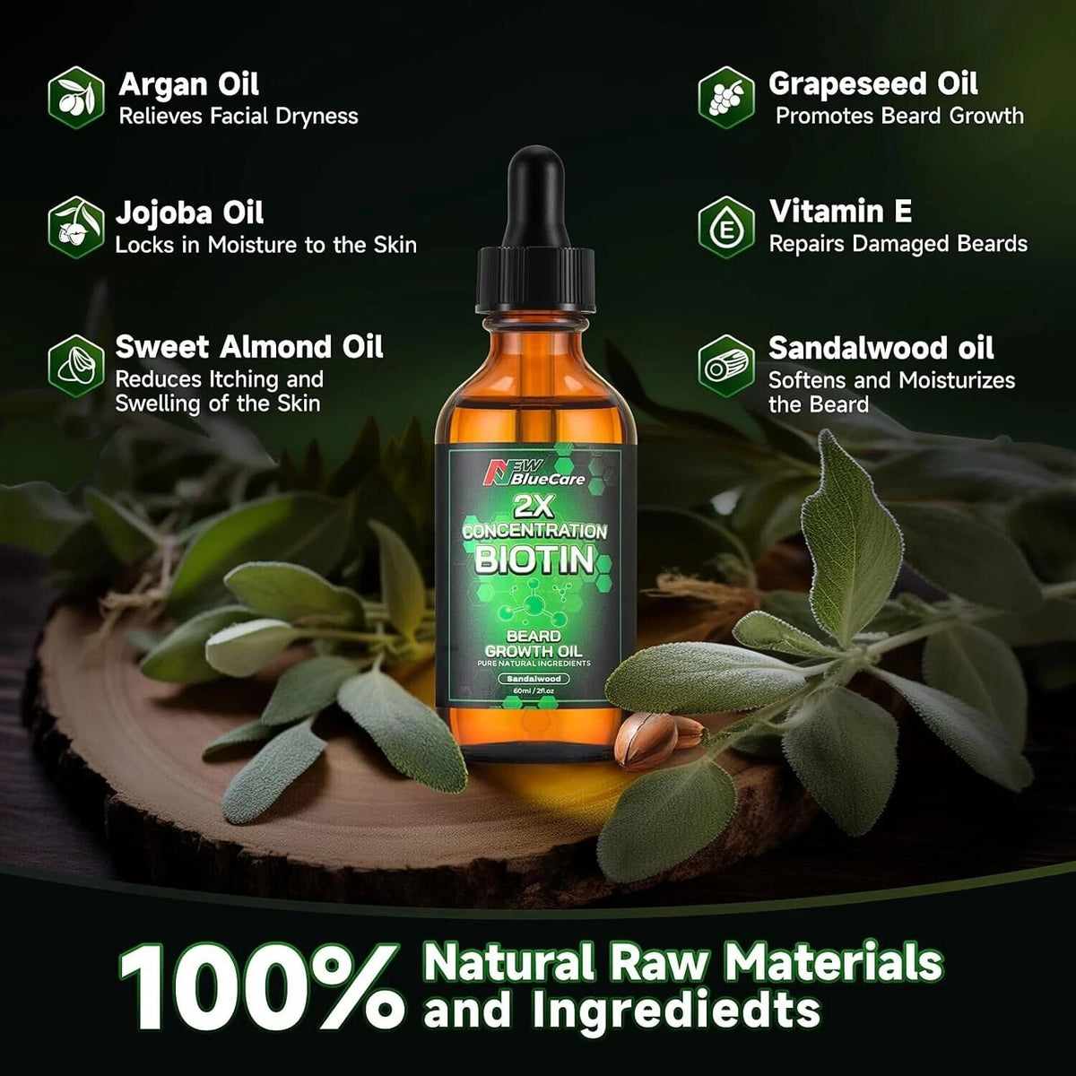 Biotin Beard Growth Oil with Sandalwood - Natural Nourishing Hair Treatment, 2 oz