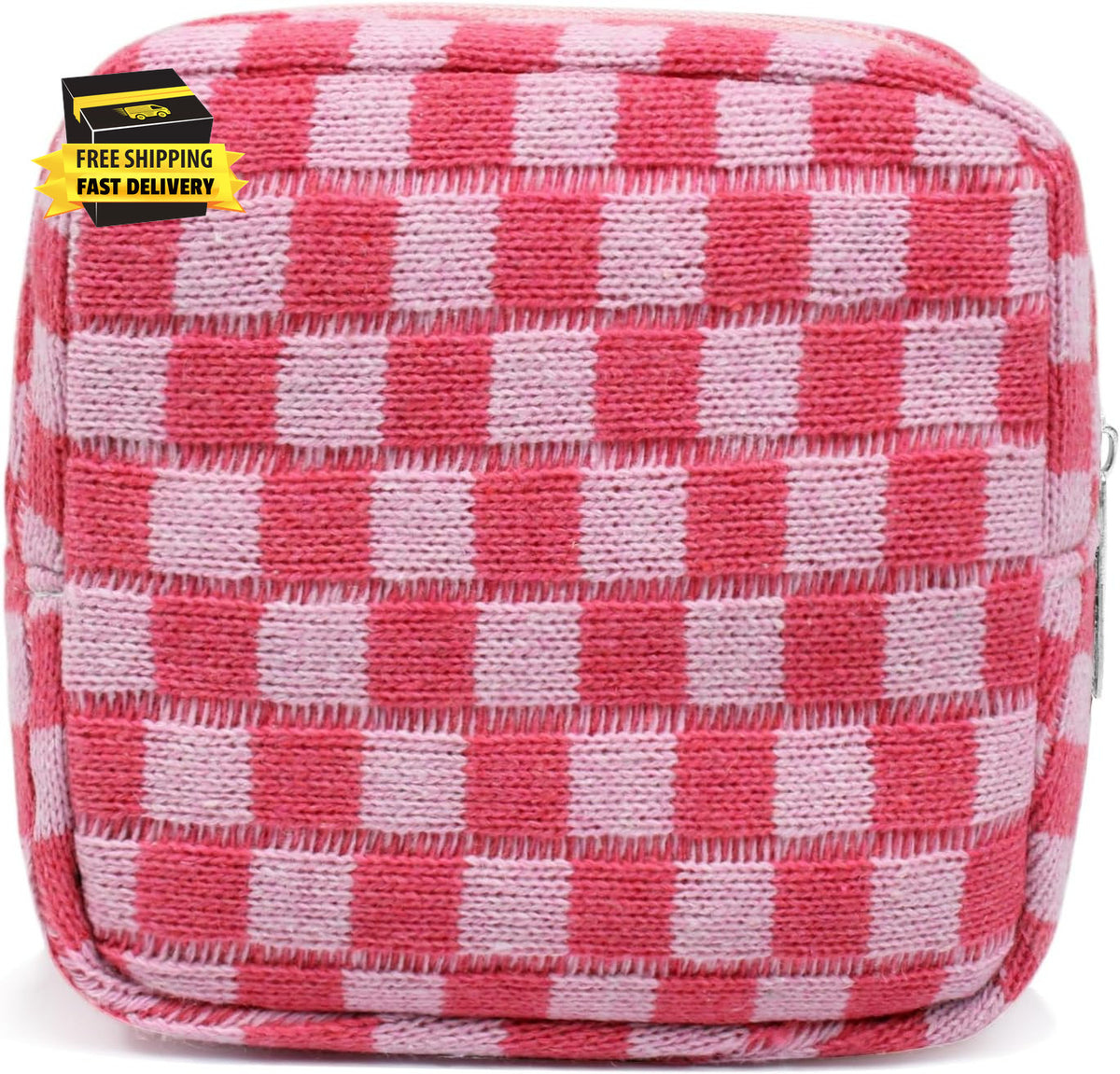 Mini Pink Checkered Makeup Bag with Zipper for Travel and Daily Use