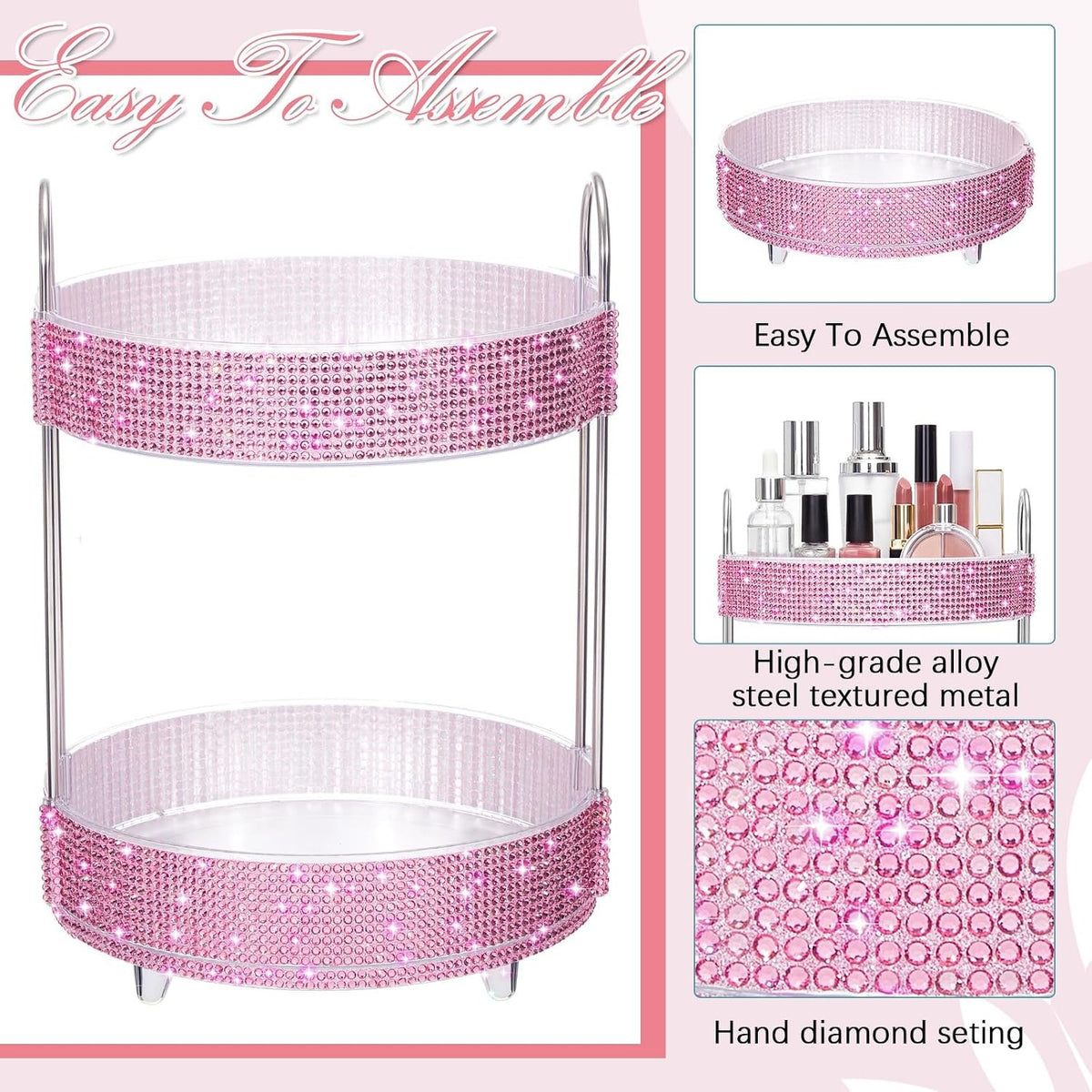 360 Rotating Rhinestone Perfume Organizer 2 Tiers Pink Diamond Display