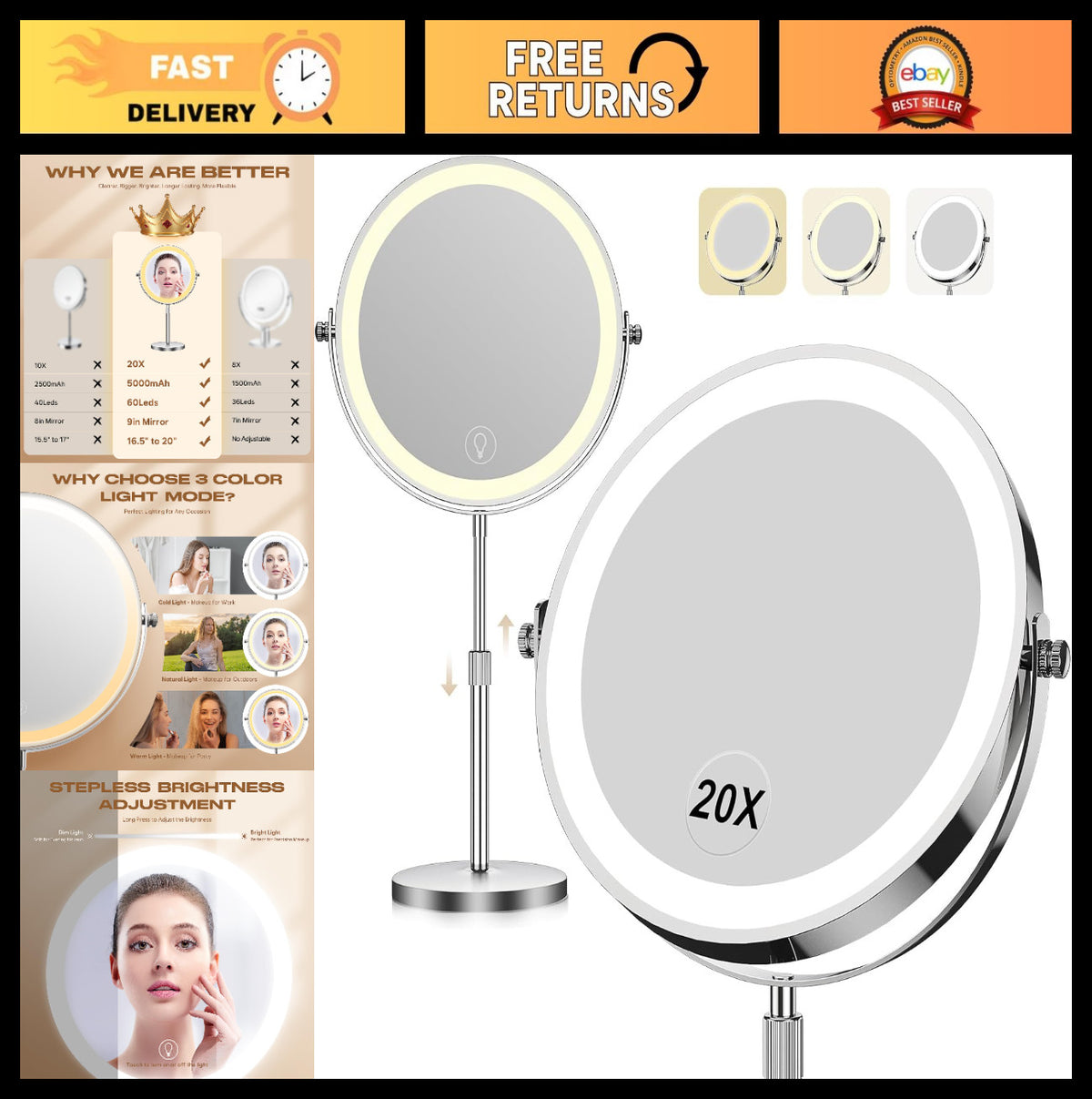 Lighted Makeup Mirror with 1X/20X Magnification, 360° Rotation, Rechargeable LED