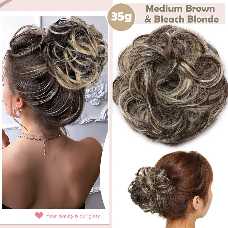 Natural Human Hair Messy Bun Ponytail Extensions with Curly Scrunchie Updo