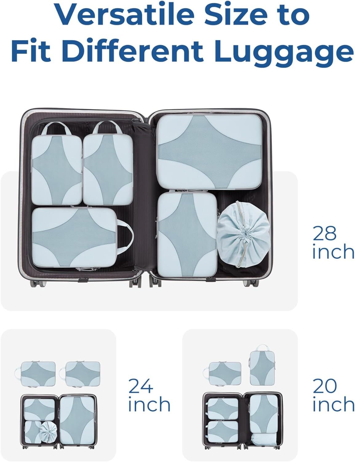 Light Blue Travel Packing Cubes 6-Piece Set for Luggage Organization