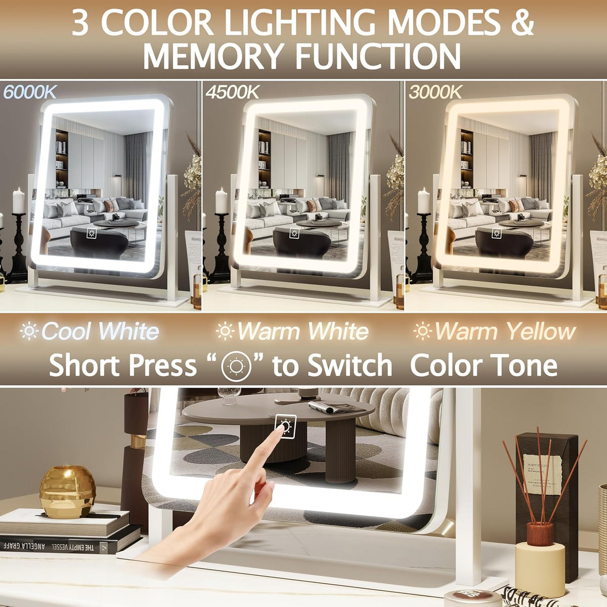 15x13 Inch Lighted Makeup Vanity Mirror with Dimmable LED & 360° Rotation