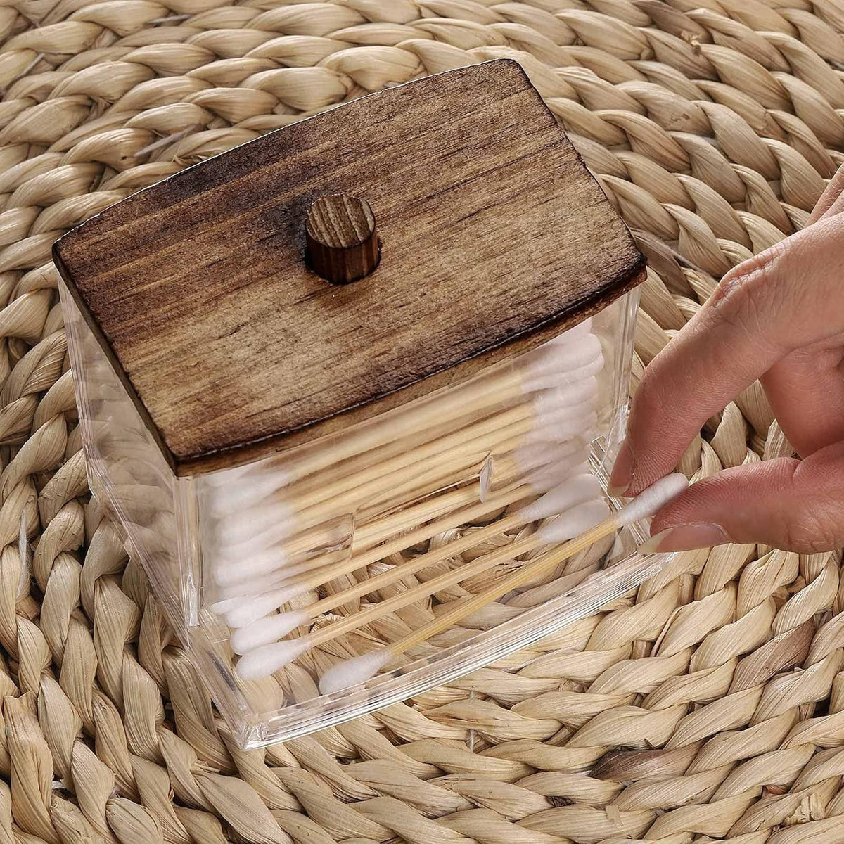 Cotton Swab Holder with Wooden Lid - Stylish Bathroom & Desk Organizer