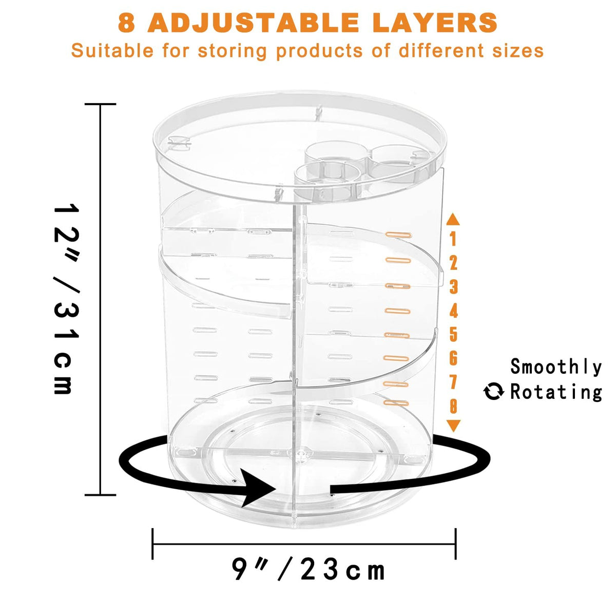 Rotating Makeup Organizer with Adjustable Layers for Vanity and Skincare