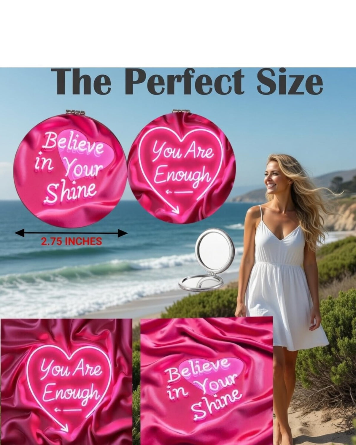 12 Pack Pink Travel Compact Mirrors with Affirmations and Gift Bags for Women and Girls