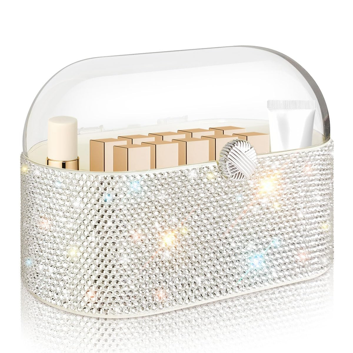 Large Capacity Acrylic Makeup Organizer with Lid and Shiny Glass Diamonds