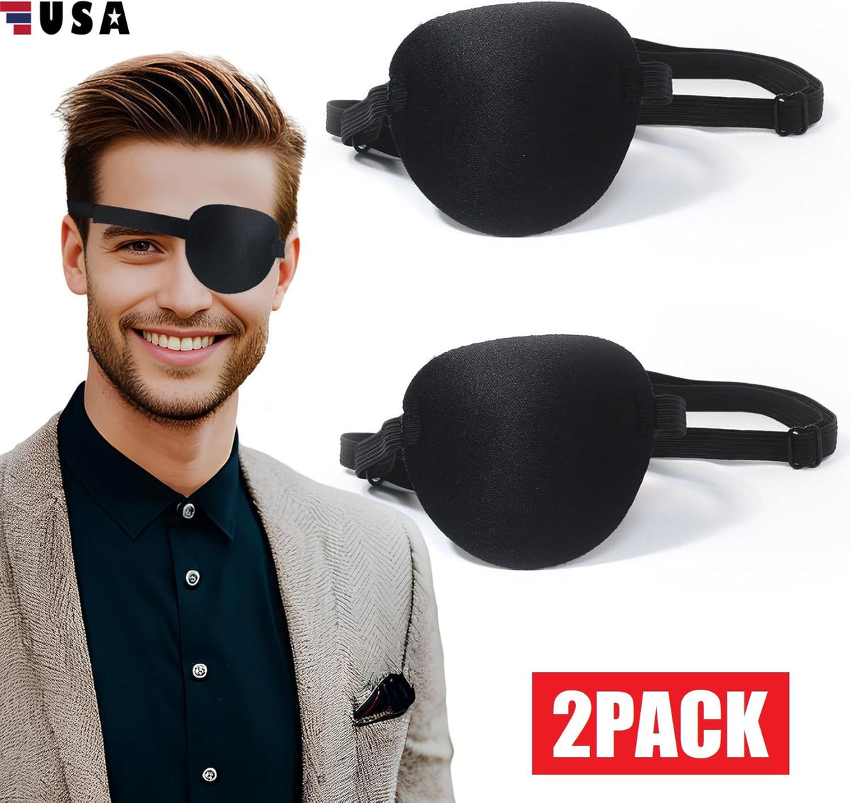 Adjustable 3D Eye Patch for Lazy Eye - Black Right Eye, 2 Pack