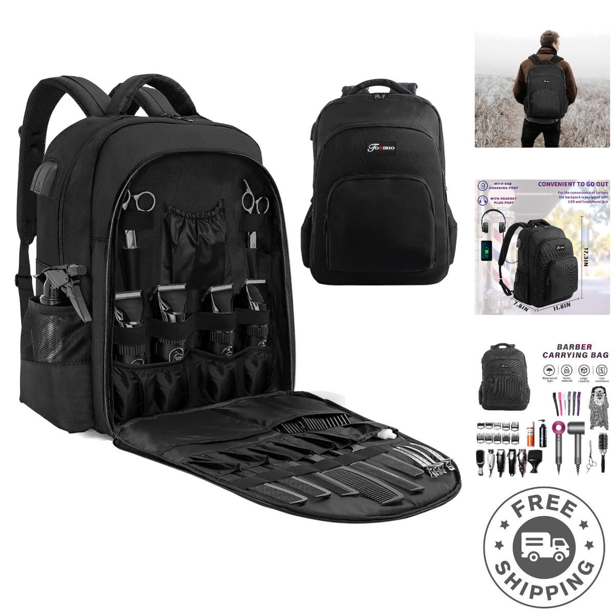 Professional Barber Supplies Backpack - Water Resistant, Large Capacity, USB Charging