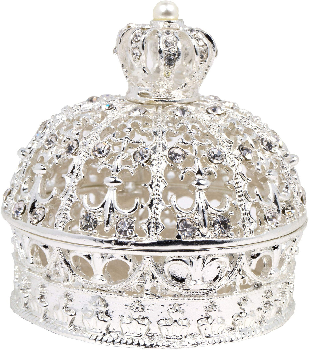 Silver Rhinestone Crown Jewelry Box with Pearl Design - Elegant Gift Storage