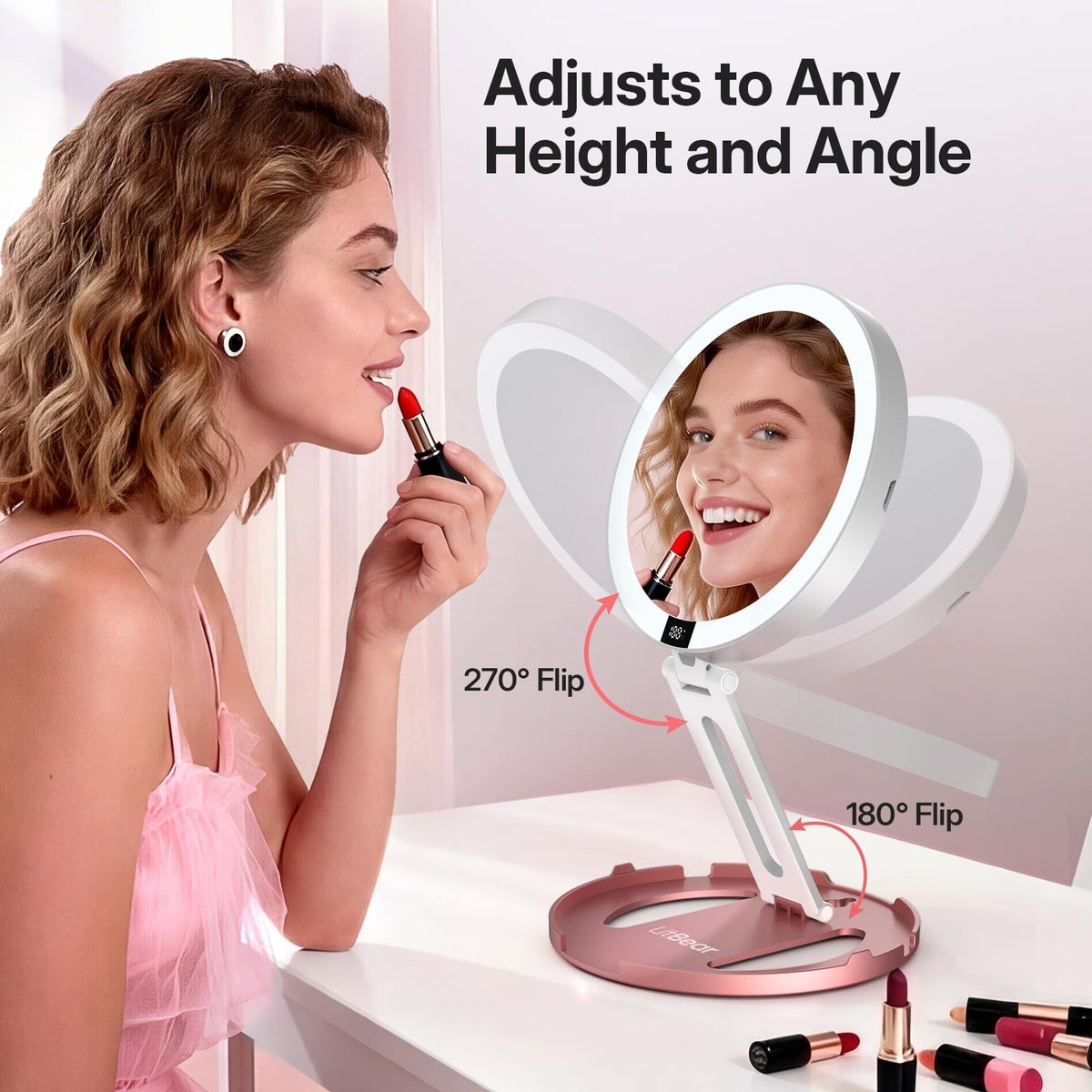 Travel Makeup Mirror with Lights, 10X/1X Double-Sided, Rechargeable & Foldable