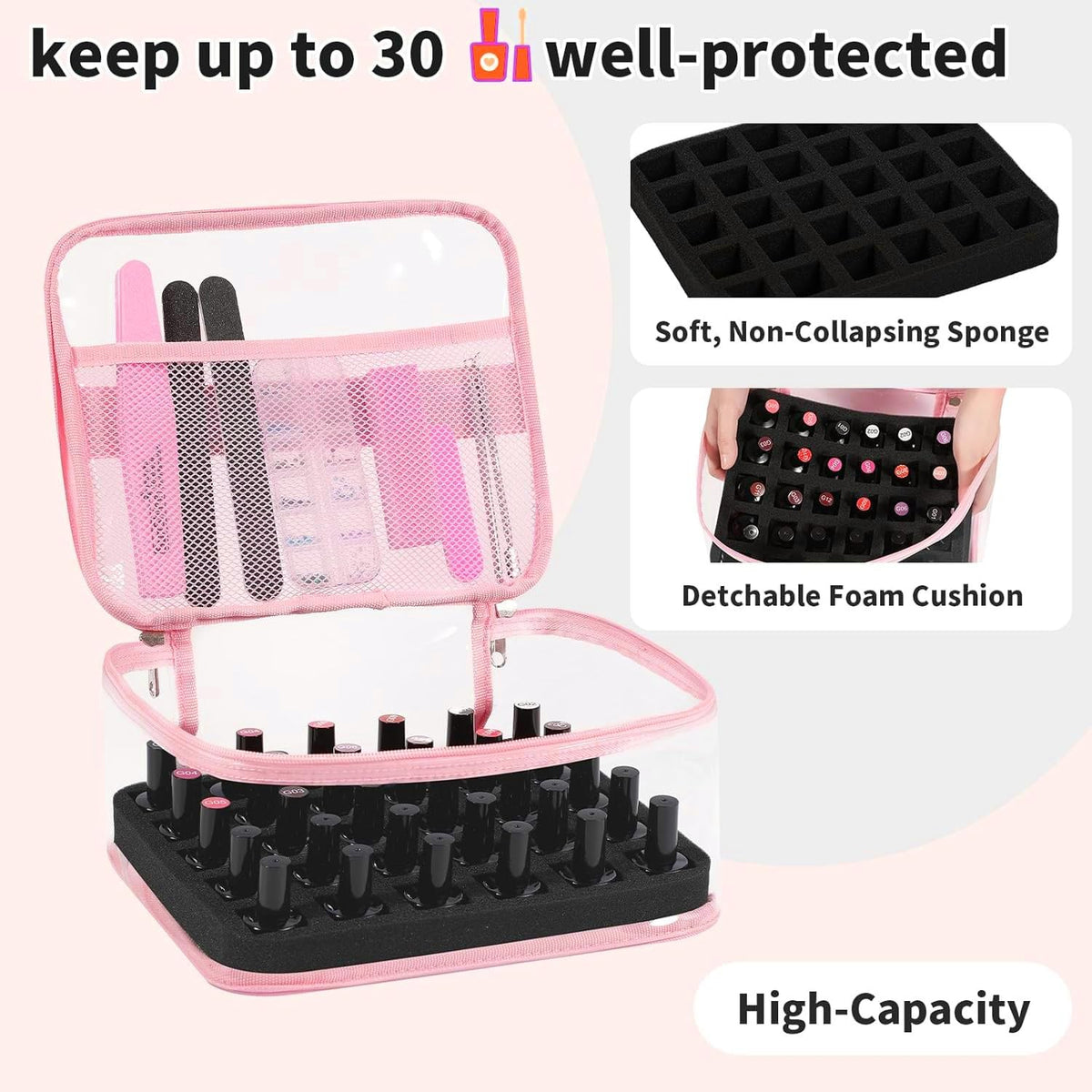 Nail Polish Organizer Case Holds 30 Bottles Travel Storage with Manicure Tools