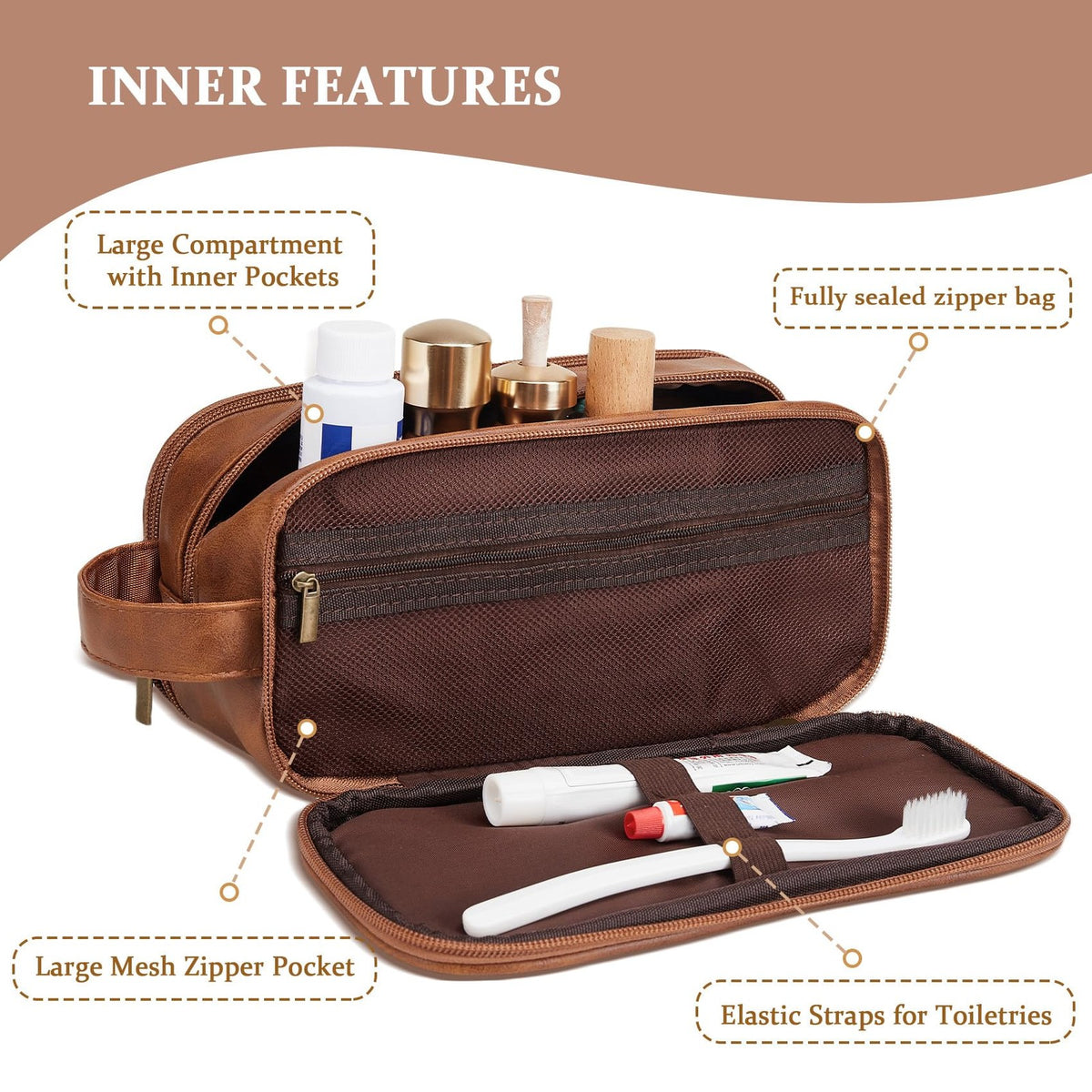 Men's Waterproof Travel Shaving & Grooming Bag with Initials - Leather Dopp Kit