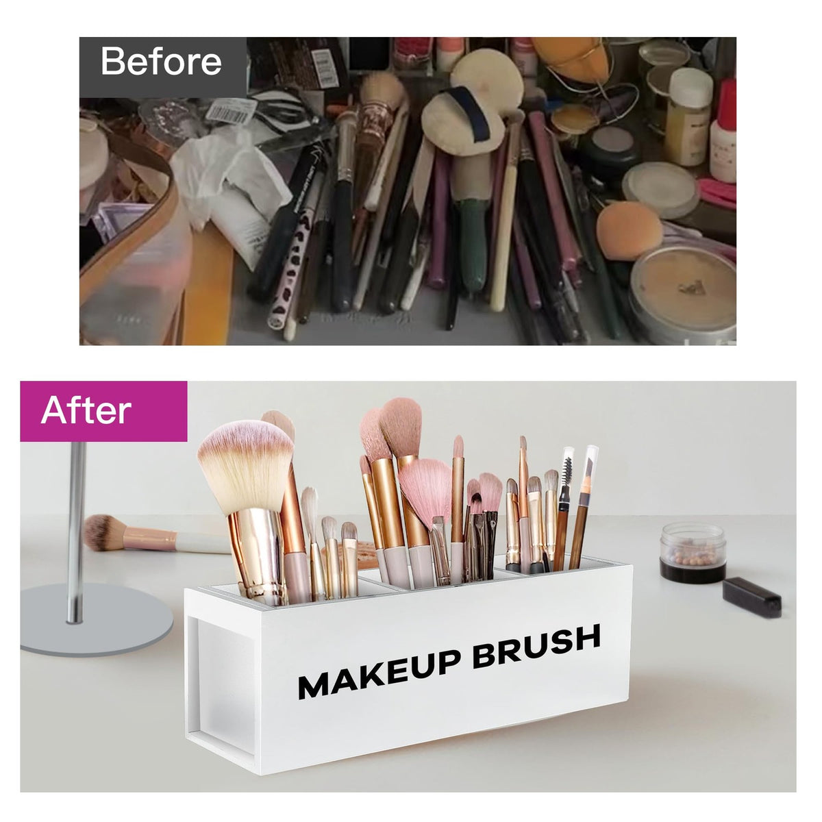 Large Wooden Makeup Brush Holder Organizer with 3 Slots - Vanity Cosmetic Storage