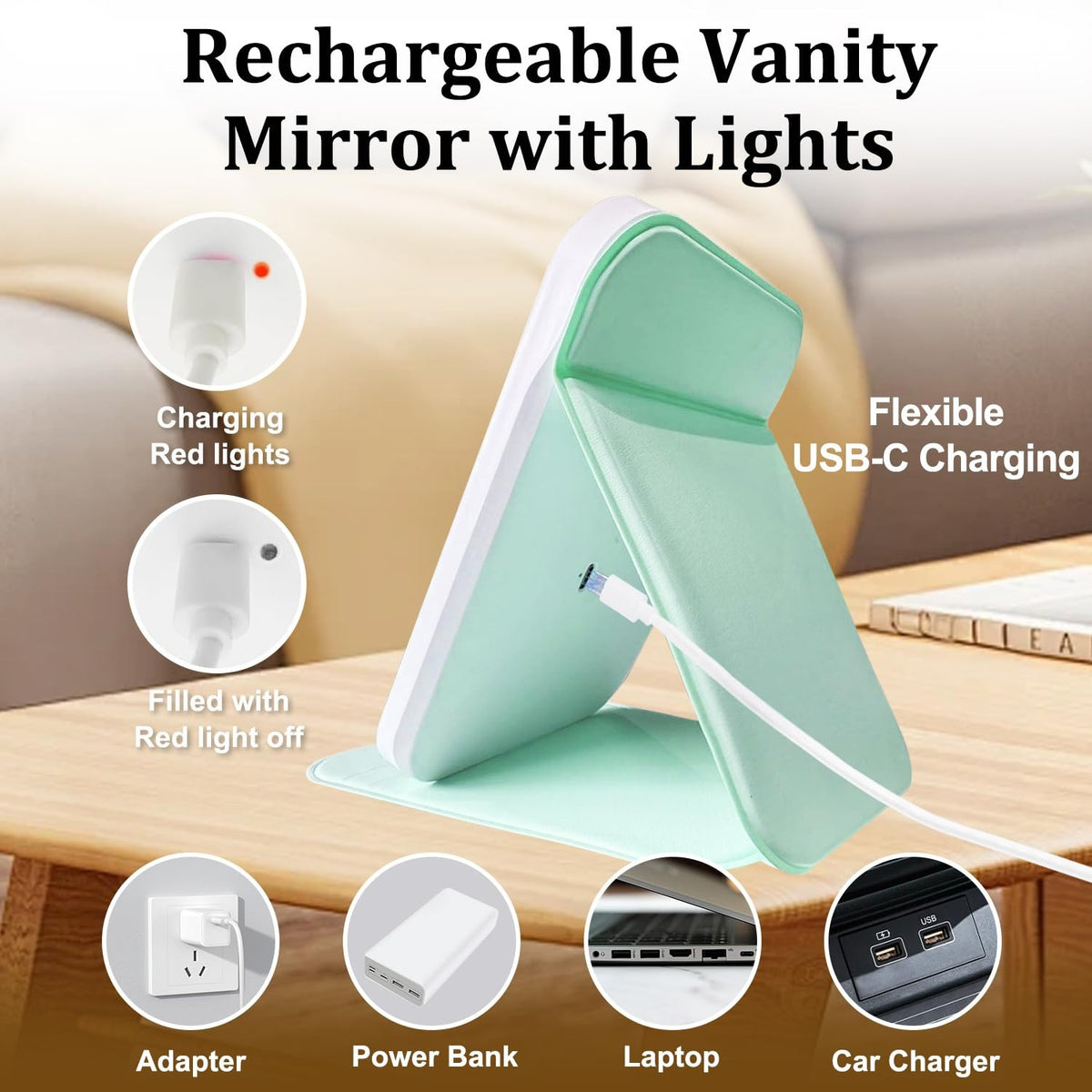 Rechargeable LED Travel Mirror with Lights - 3 Color Touch Dimmable Vanity