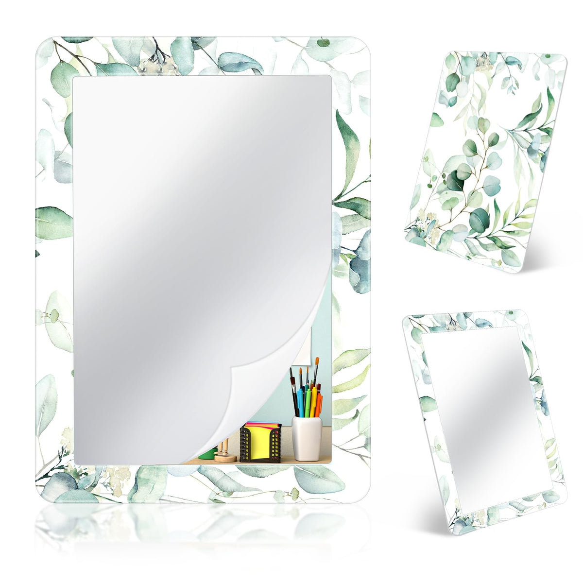 Magnetic Locker Mirror Set 7x5 Inch Green Flower & Leaf Design - Portable Makeup & Vanity Mirror
