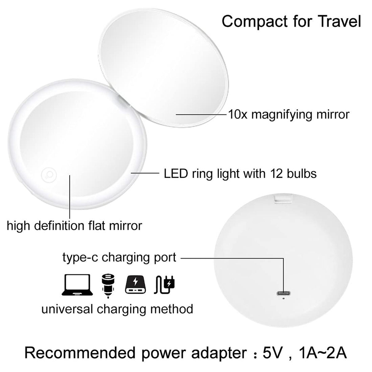 Rechargeable LED Travel Compact Mirror with 10x Magnification - 3.5 Inch