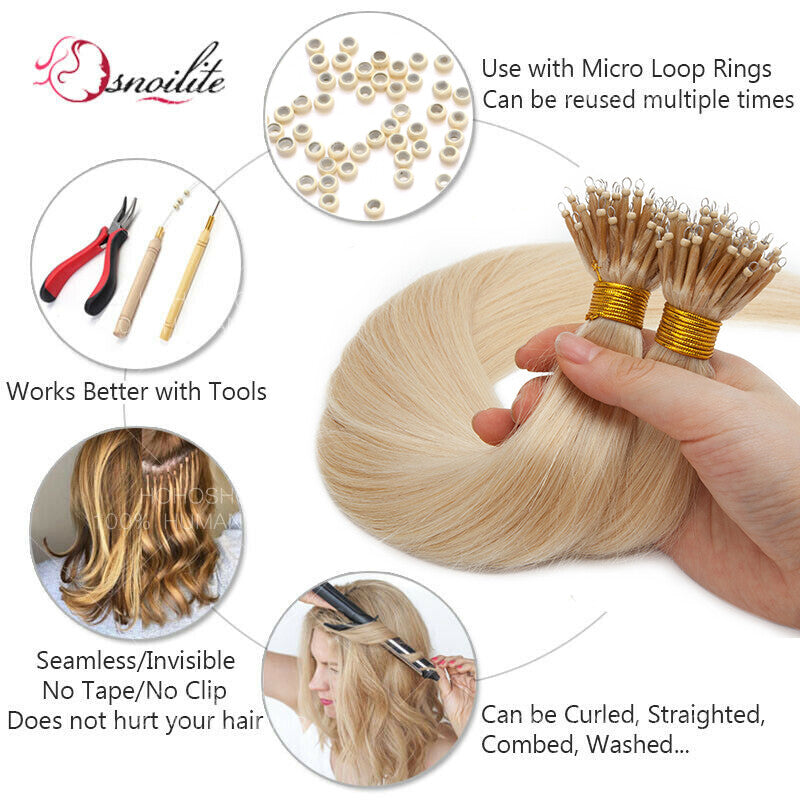 Human Remy Hair Extensions Micro Loop Nano Ring Full Head Salon Use