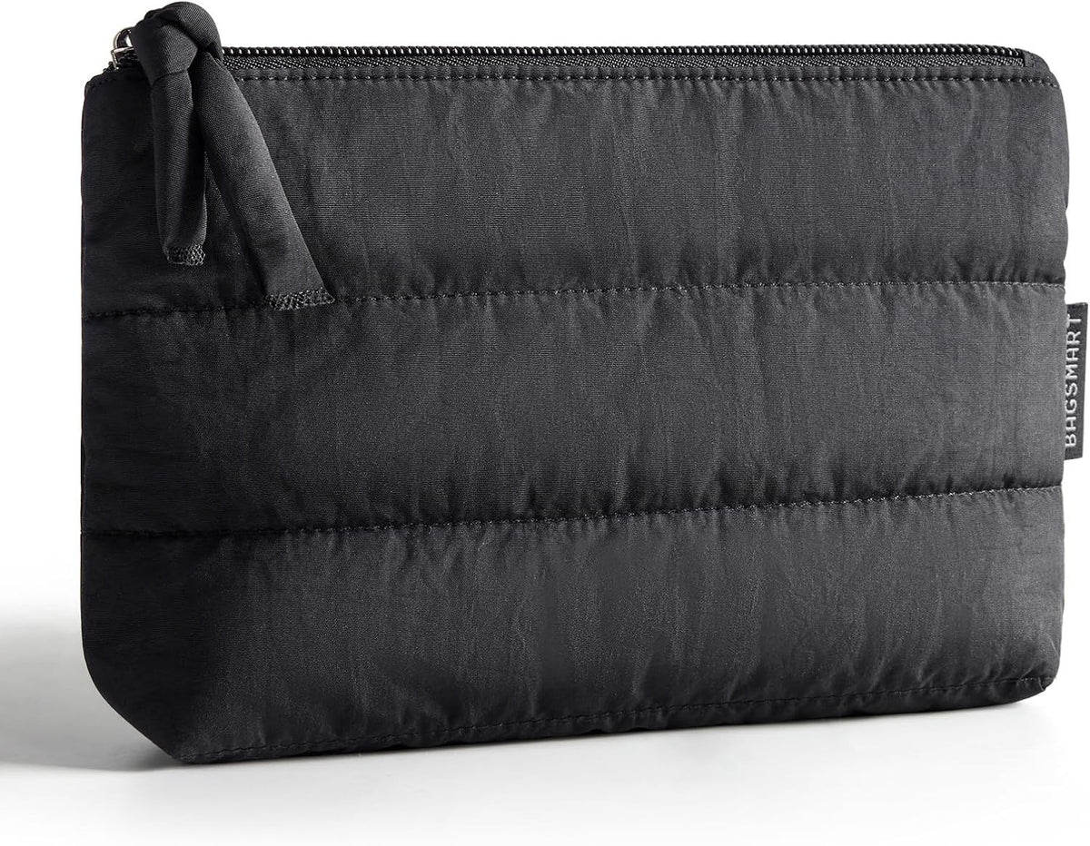 Small Plush Water-Resistant Makeup Bag for Women, Travel Cosmetic Organizer, Black