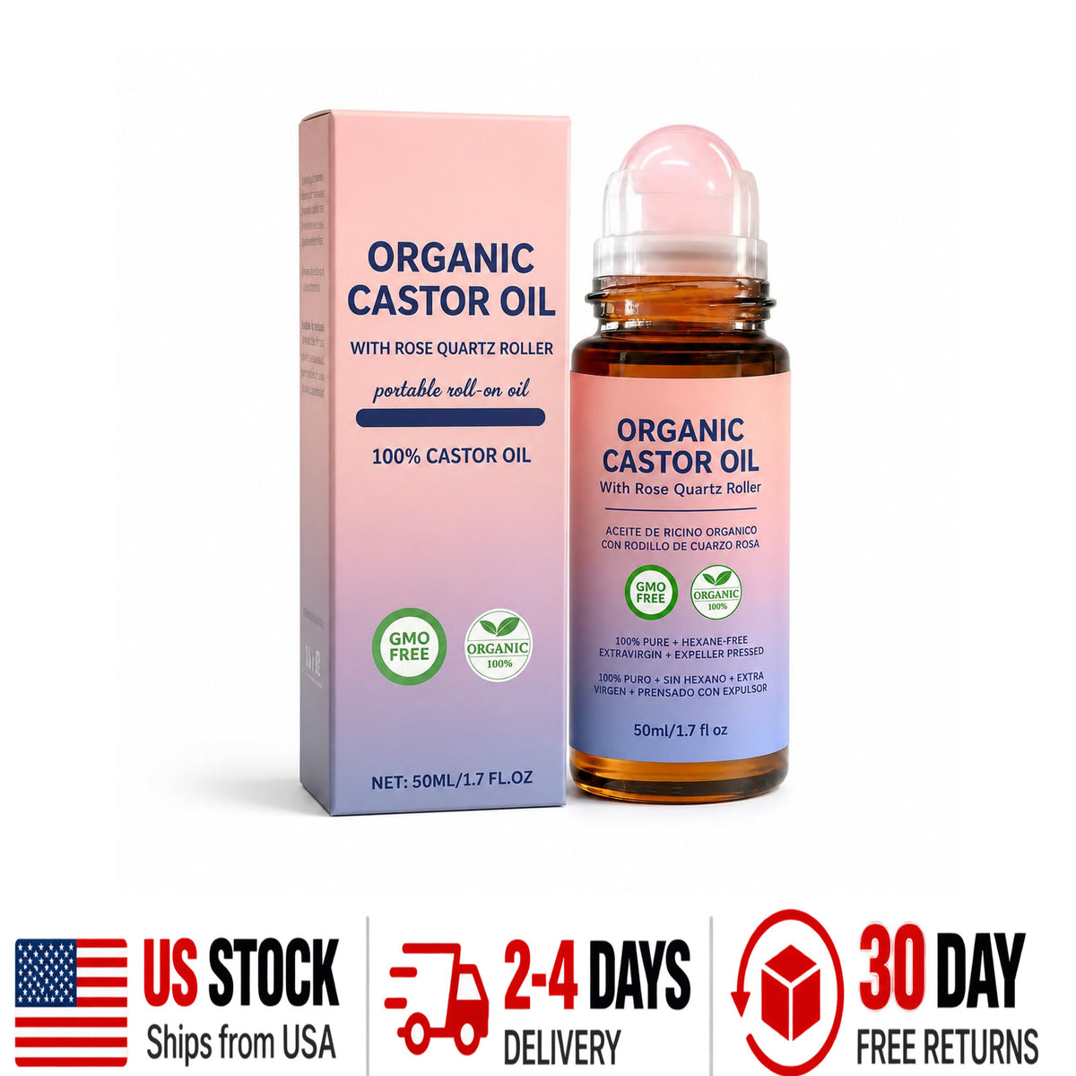 Castor Oil Roll-On with Rose Quartz - 1.7 Fl Oz Moisturizing Skin & Hair Treatment