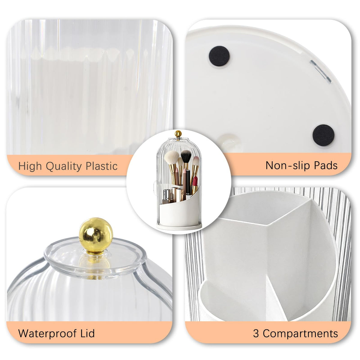 Makeup Brush Holder with Lid 3-Compartment Rotating Organizer Dustproof