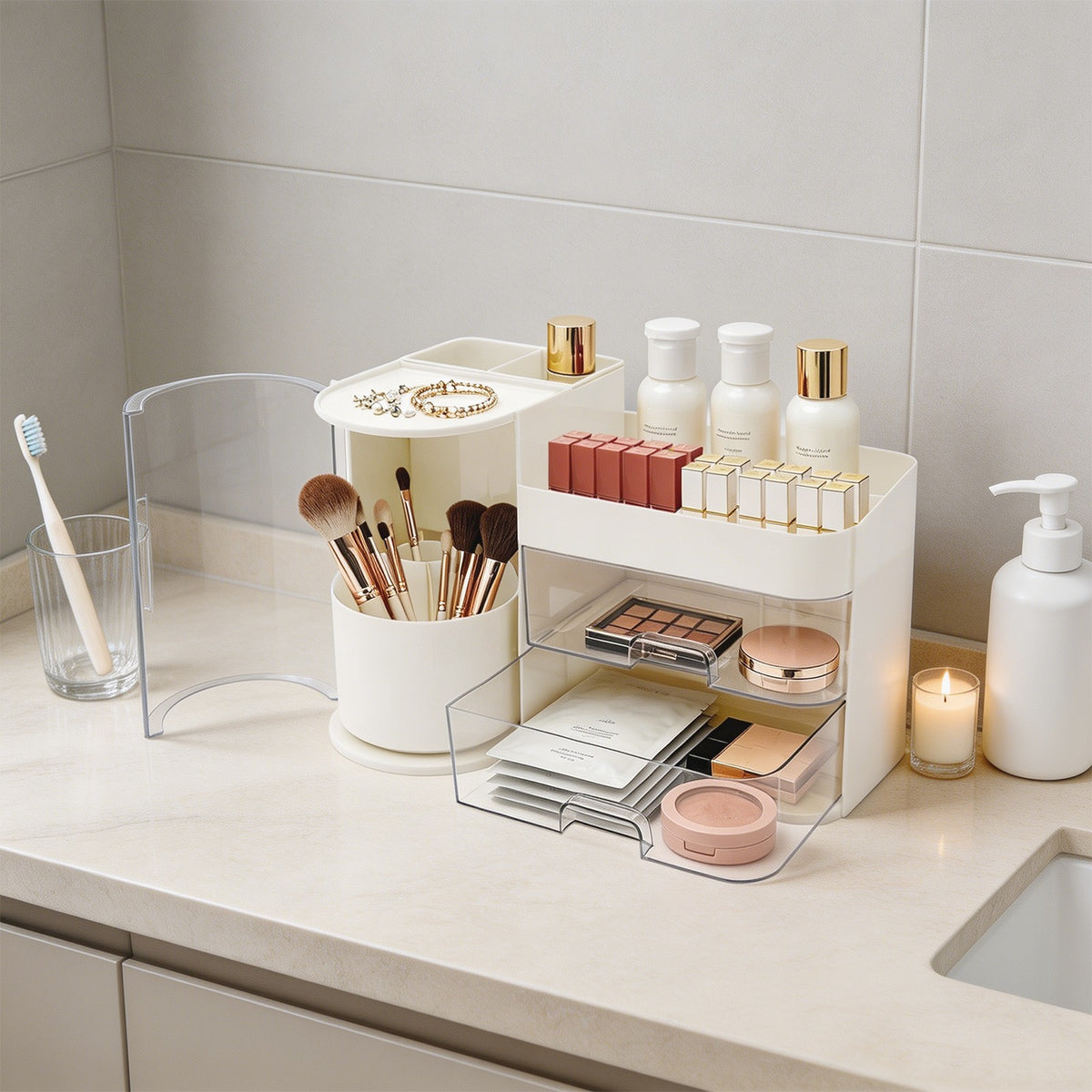 Rotating Makeup Organizer with Drawers and Brush Holder - White