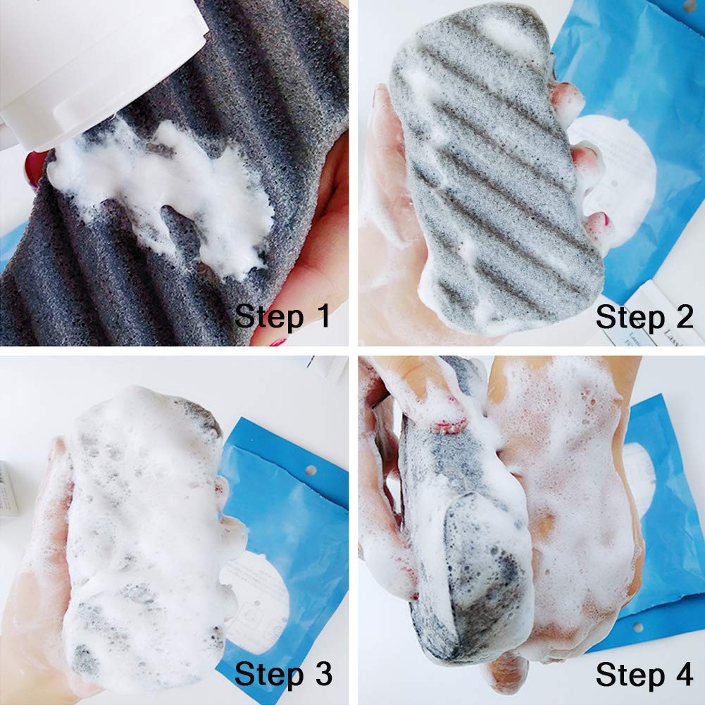 Set of 4 Natural Konjac Body Sponges with Bamboo Charcoal for Gentle Exfoliation