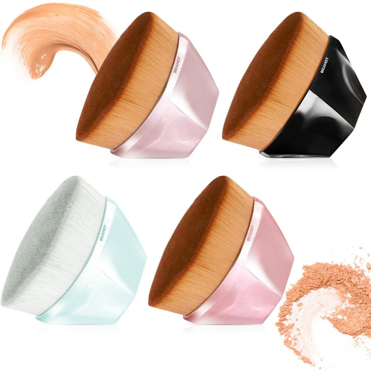 4-Pack Flat Top Foundation Makeup Brushes | Travel Kabuki Set with Protective Case