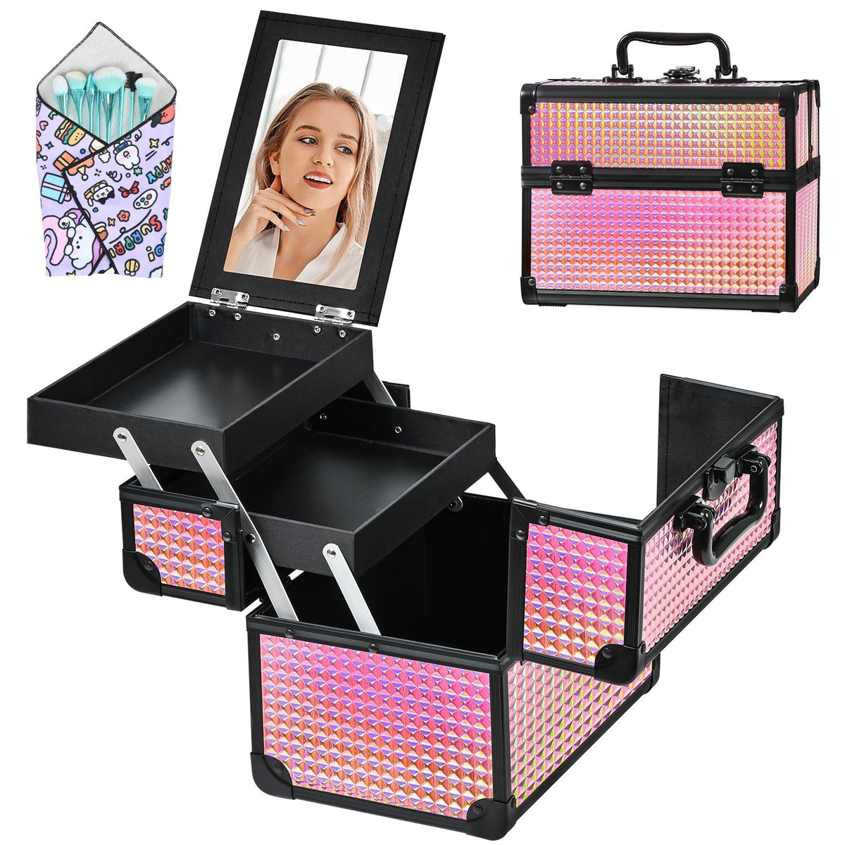 Portable Makeup Train Case with Mirror and Storage Compartments - Black Bright Pink