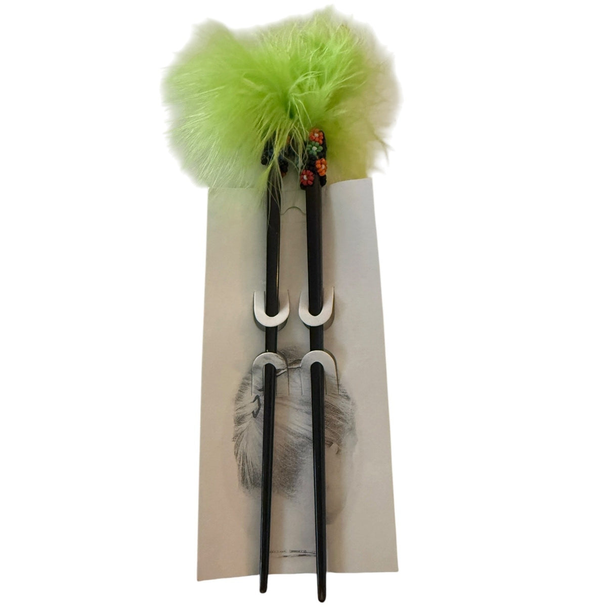 Green Feather Beaded Black Chopstick Hair Sticks Set