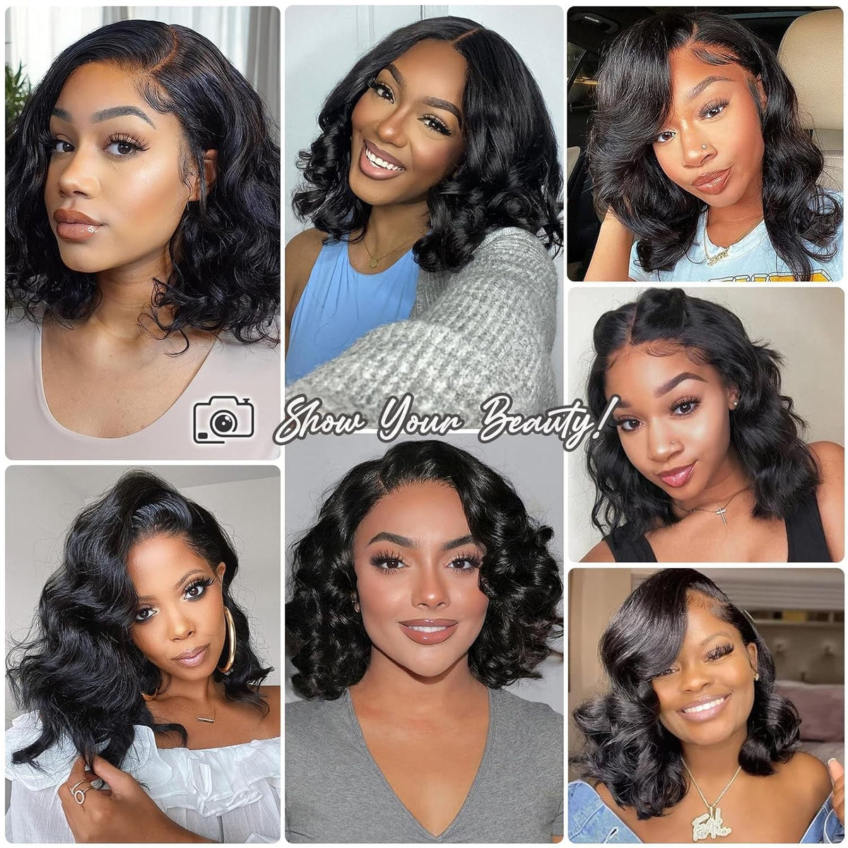 14-Inch Glueless Brazilian Human Hair Bob Wig - Natural Black Wavy Lace Front