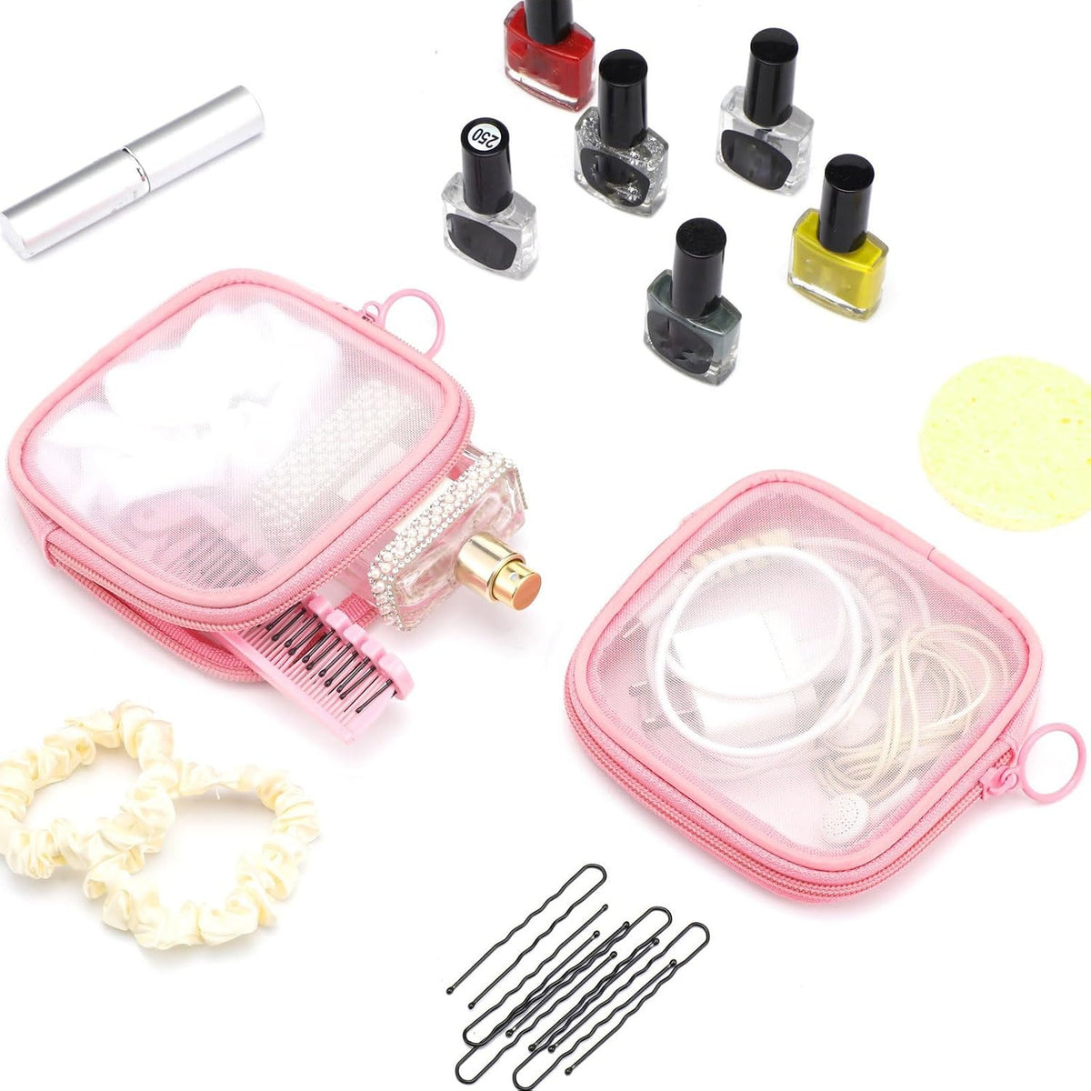 Small Mesh Makeup Bag - Transparent Travel Cosmetic Organizer, Pink