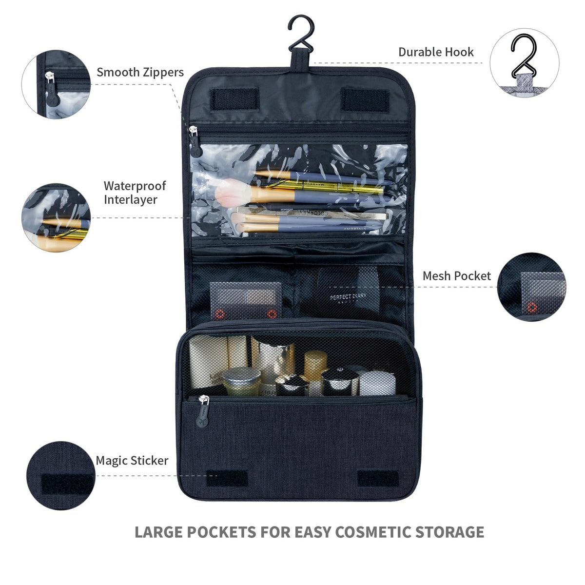 Large Capacity Waterproof Travel Toiletry Bag with Hanging Hook for Men Women
