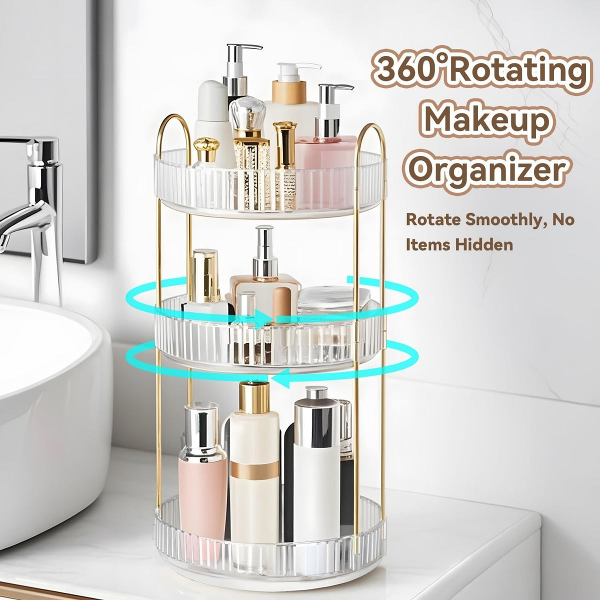 360° Rotating Makeup Organizer 3-Tier Vanity Storage Clear