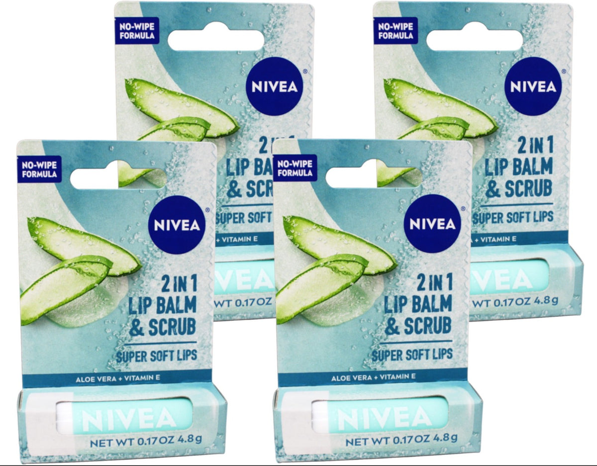 4 Pack Nivea Lip Balm & Scrub for Soft & Moisturized Lips Aloe Vera Vitamin E