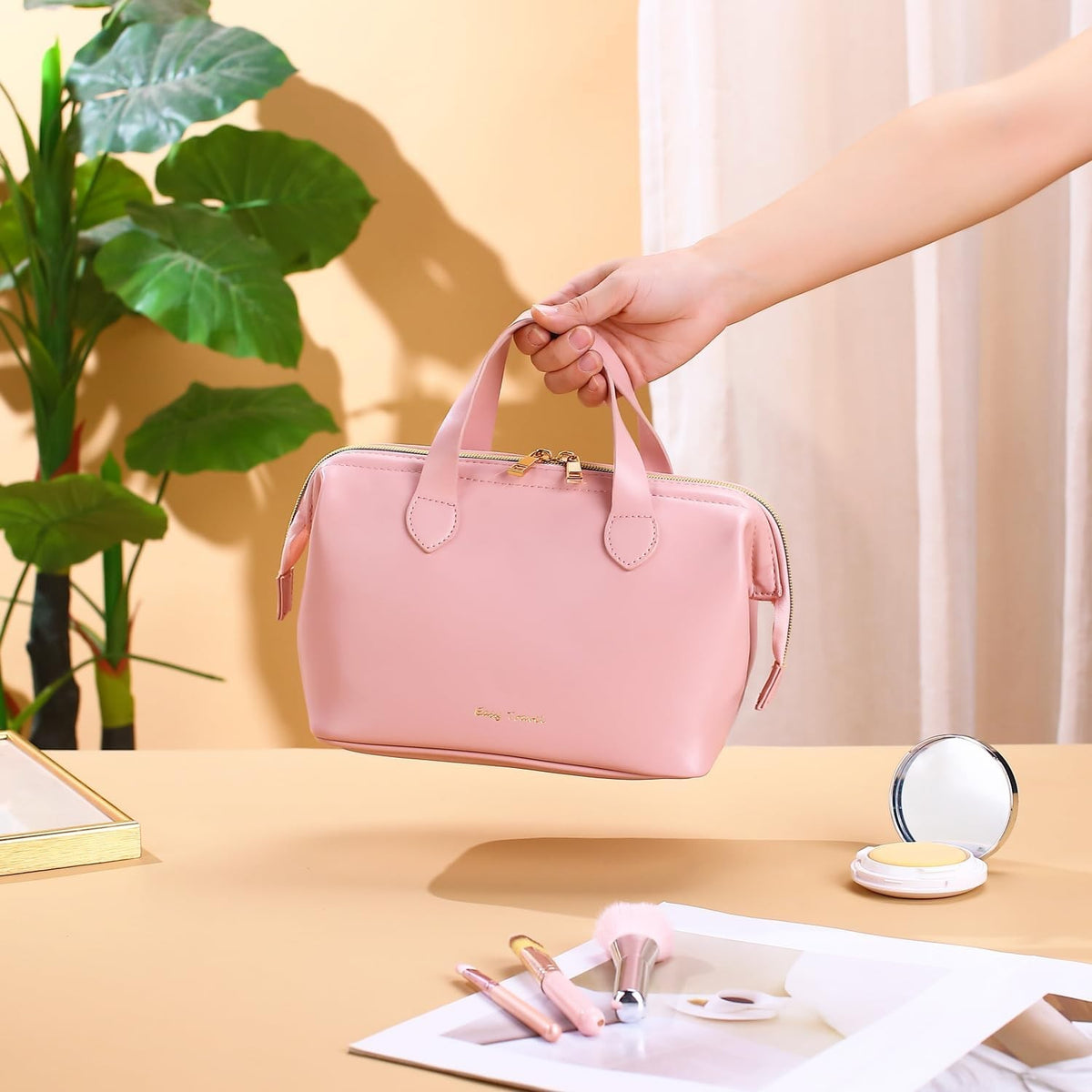 Travel Makeup Bag Waterproof PU Leather Wide Opening Cosmetic Organizer