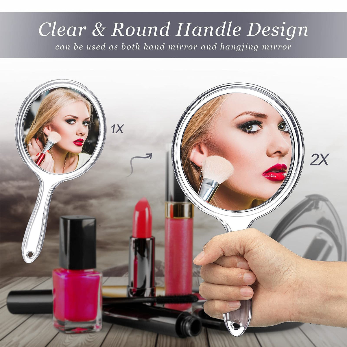 Double-Sided Handheld Mirror with 1X/2X Magnification - Clear, Portable Vanity Mirror