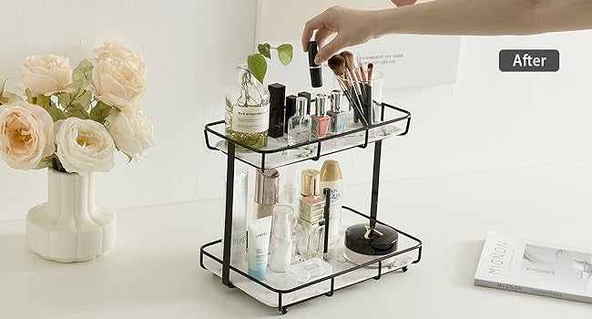 2-Tier Marble Finish Cosmetic Display Shelf with Ceramic Trays