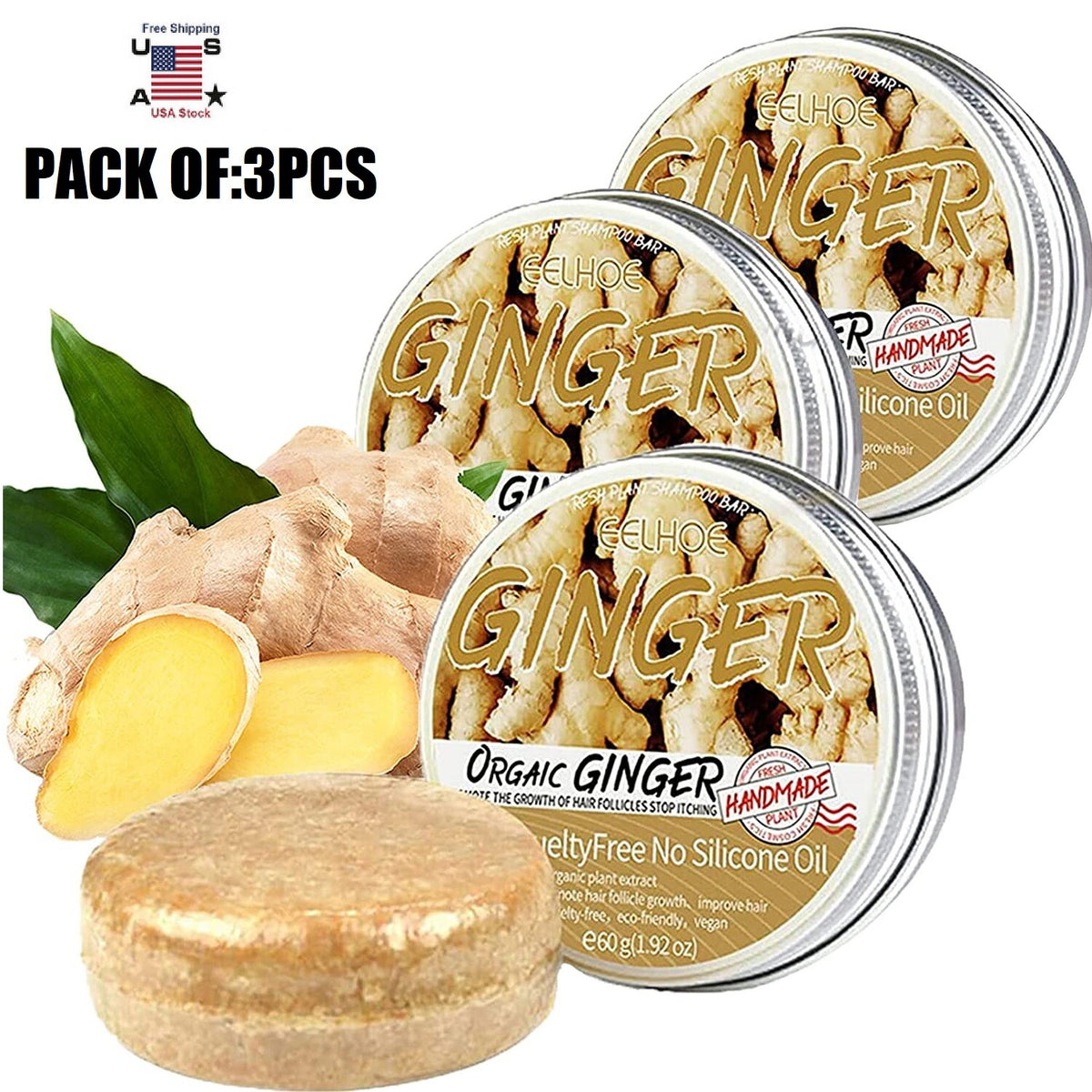 Ginger Hair Regrowth Shampoo Bar for Hair Loss & Scalp Care - Pack of 1/2/3