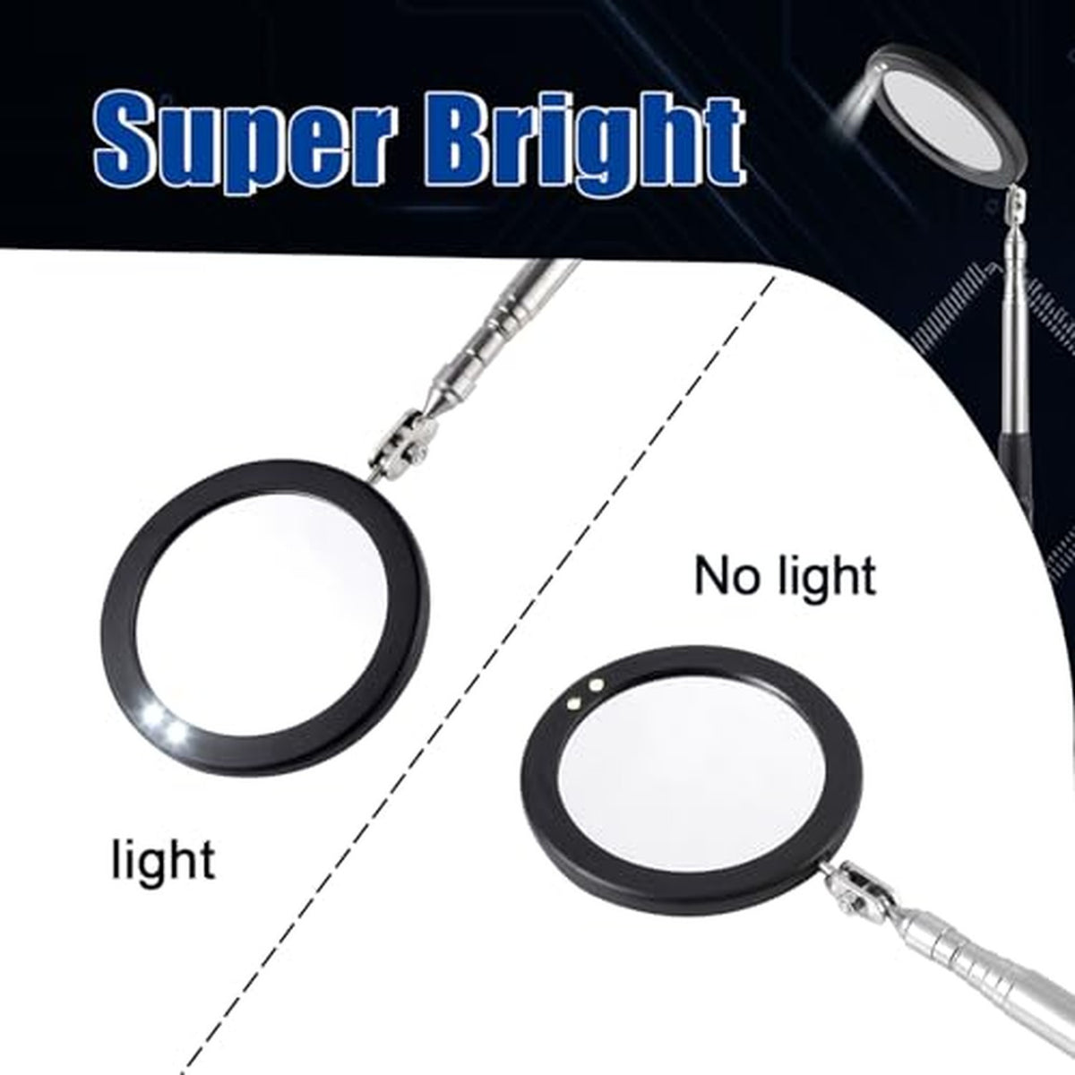 LED Lighted Telescoping Inspection Mirror with 3.75-Inch Round Mirror, Flexible Swivel & 39.4-Inch Extendable Handle