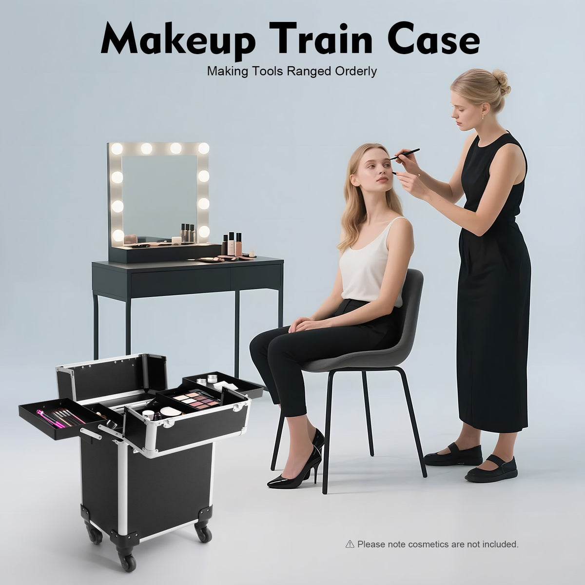 Travel Makeup Train Case with Multi-Layer Storage and Lock - Rolling Cosmetic Organizer