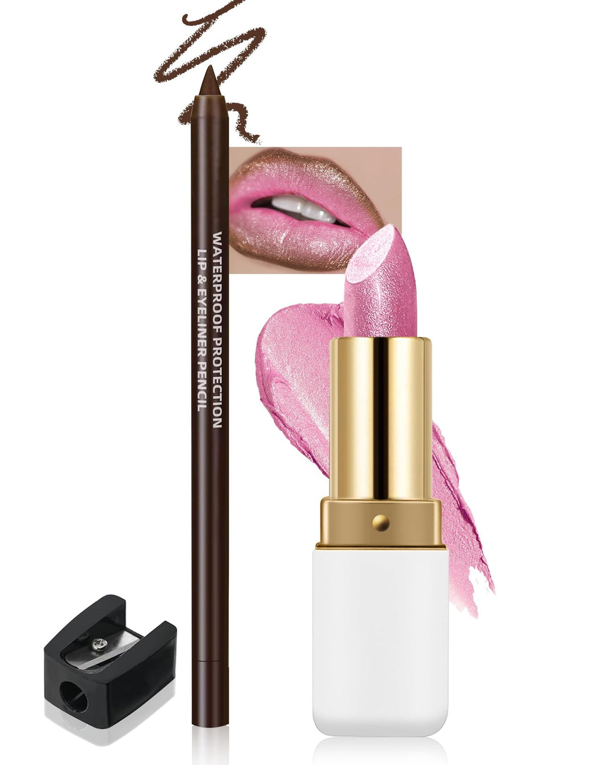 Pink Shimmer Lipstick and Brown Lip Liner Set - Long Lasting & Glitter Finish