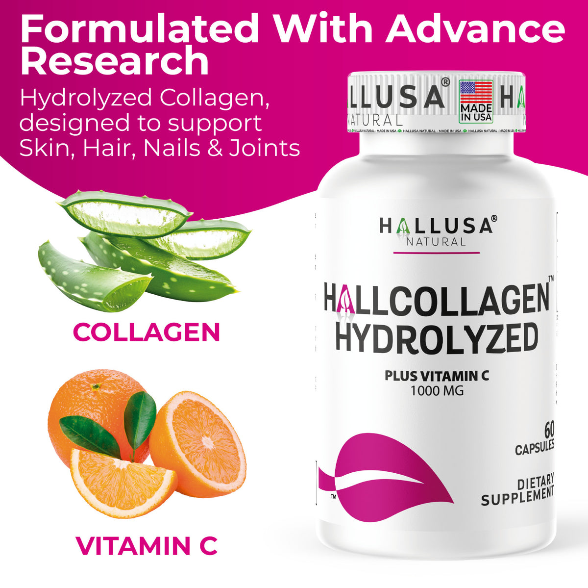 Hydrolyzed Collagen 1000mg with Vitamin C Capsules for Skin Hair Nails - Anti-Aging Support